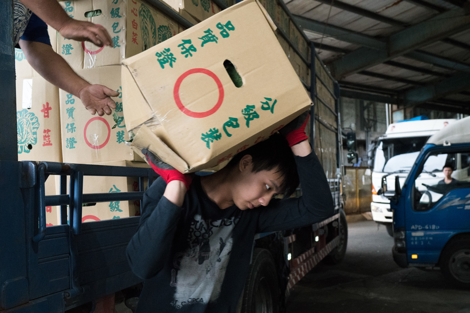 工作人員將一箱箱的蔬菜搬運下貨車 圖:張良一/攝 工作人員將一箱箱的蔬菜搬運下貨車 圖:張良一/攝