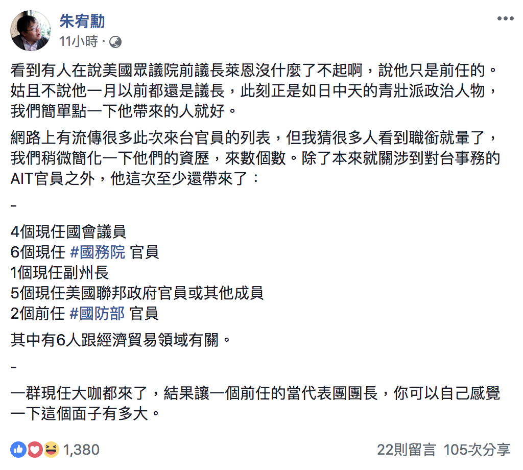 朱宥勳昨(15)日在臉書發文表達對美方慶賀團的看法。 圖:翻攝自朱宥勳臉書 朱宥勳昨(15)日在臉書發文表達對美方慶賀團的看法。 圖:翻攝自朱宥勳臉書