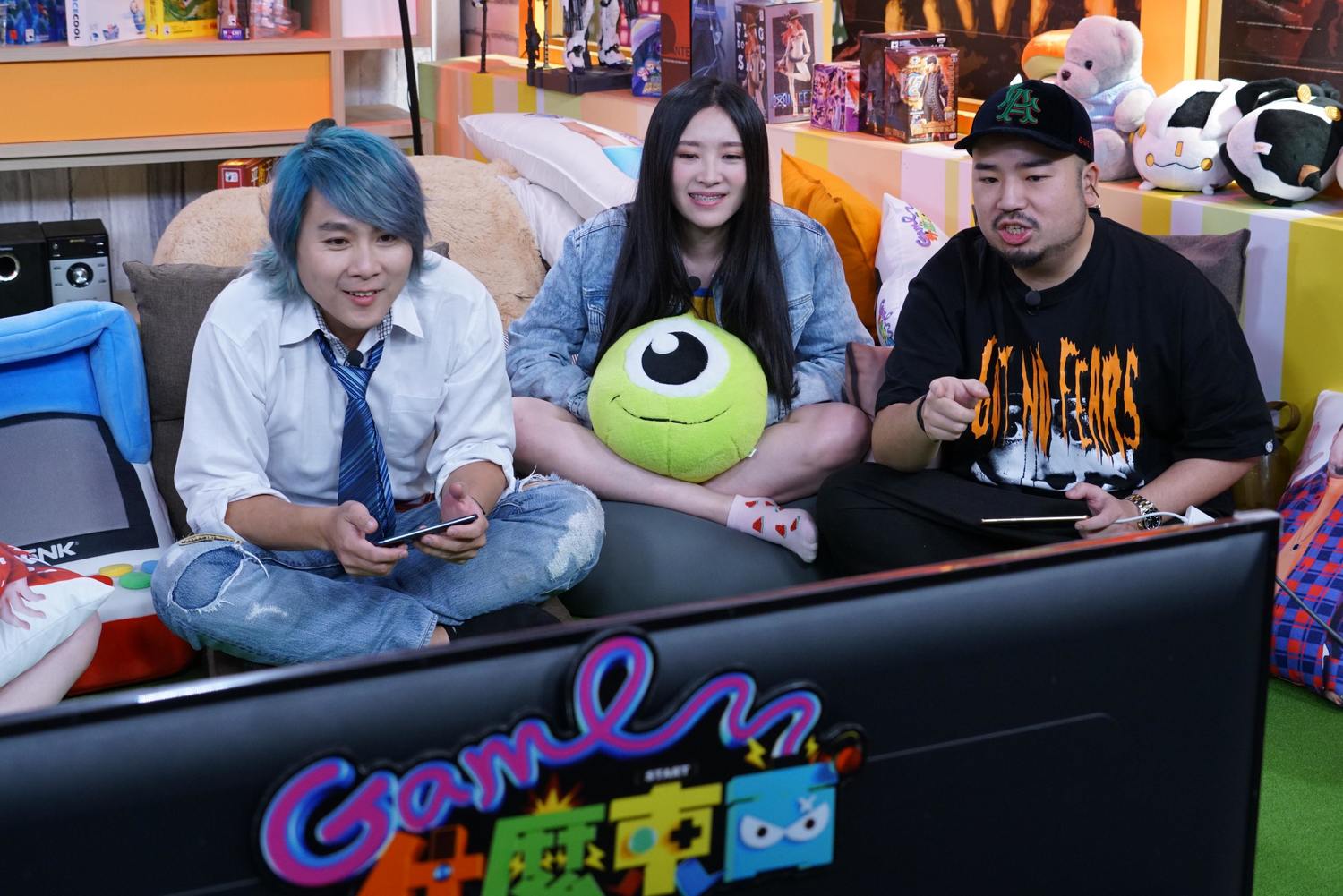 《Game什麼東西》開箱吃雞遊戲,王仁甫(左起)、大魚、阿達。 《Game什麼東西》開箱吃雞遊戲,王仁甫(左起)、大魚、阿達。