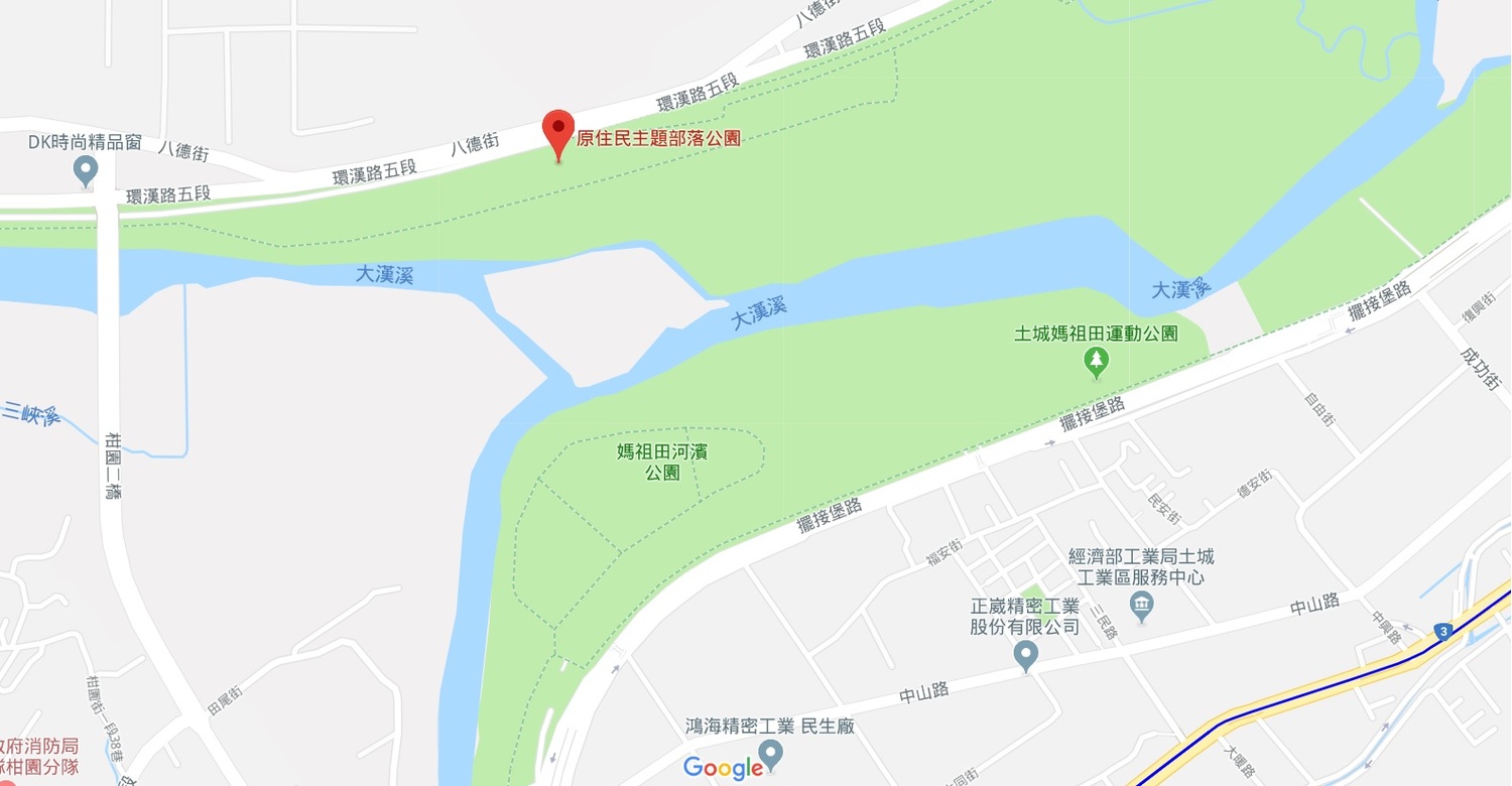 原住民族主題部落公園位於大漢溪左岸城林橋與柑園二橋間,民眾可沿著新莊、樹林環河路前往或由鶯歌、樹林環河路前往。 圖:新北市水利局/提供 原住民族主題部落公園位於大漢溪左岸城林橋與柑園二橋間,民眾可沿著新莊、樹林環河路前往或由鶯歌、樹林環河路前往。 圖:新北市水利局/提供