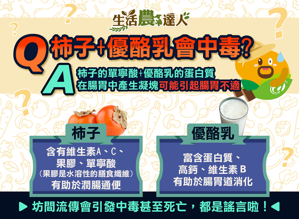柿子加優酪乳一起吃會中毒甚至死亡的謠傳,農委會表示,這在學理上是無法成立的,如大量攝取,僅可能引發腸胃不舒服 圖:農委會/提供 柿子加優酪乳一起吃會中毒甚至死亡的謠傳,農委會表示,這在學理上是無法成立的,如大量攝取,僅可能引發腸胃不舒服 圖:農委會/提供