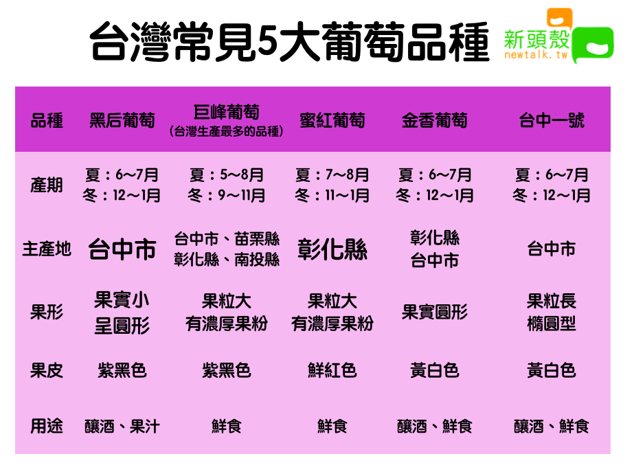 台灣常見五大葡萄品種 圖:新頭殼/製表 台灣常見五大葡萄品種 圖:新頭殼/製表