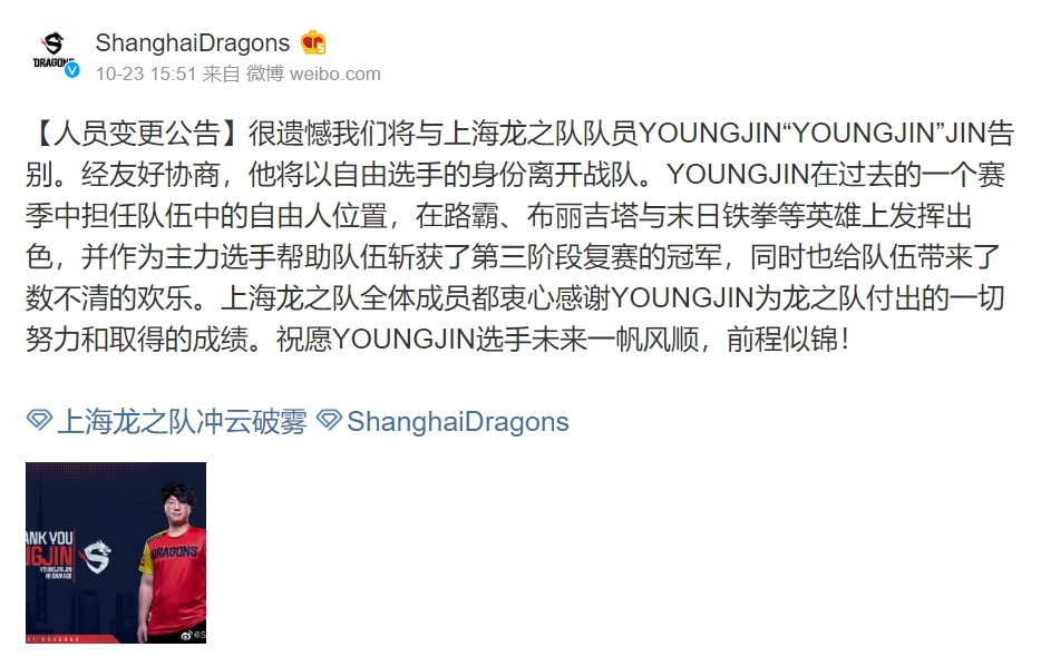 上海龍與韓籍輸出手YOUNGJIN分道揚鑣。 上海龍與韓籍輸出手YOUNGJIN分道揚鑣。