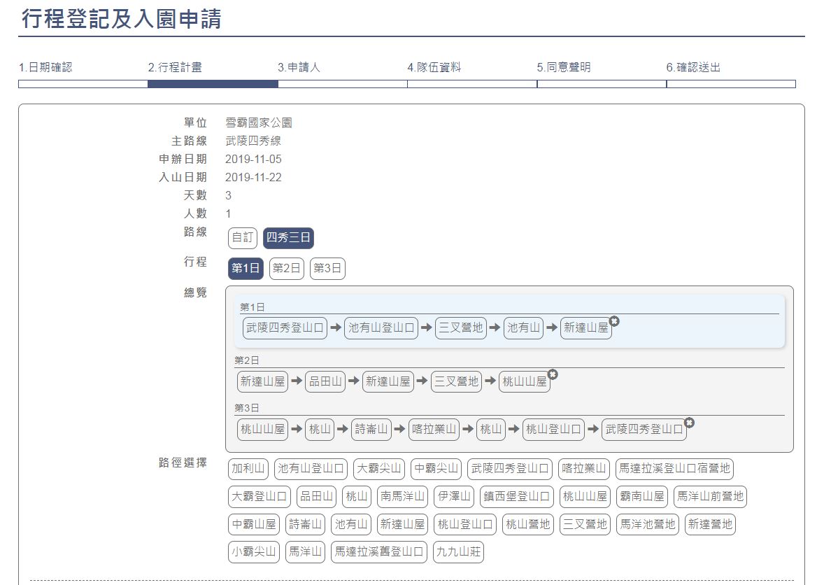 自動帶入行程對新手來說相當有用，可以幫助他們了解每日行進進度。圖：翻攝自台灣登山申請一站式服務網