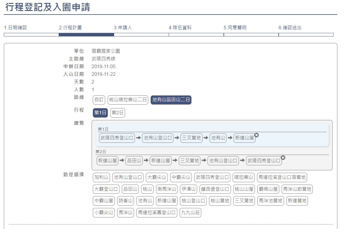 同樣路線，根據輸入的天數不同，自動帶入的行程也會不一樣，這點頗貼心。圖：翻攝自台灣登山申請一站式服務網