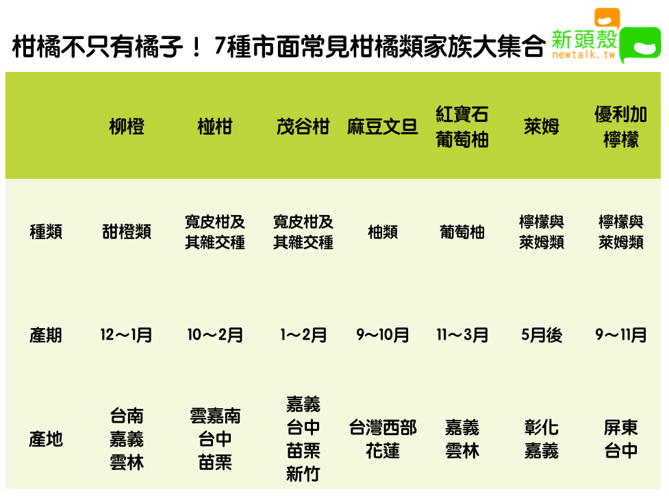 市面常見七種柑橘種類 圖:新頭殼/製表 市面常見七種柑橘種類 圖:新頭殼/製表