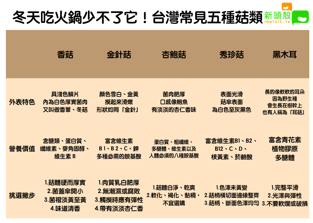 冬天吃火鍋少不了它！台灣常見五種菇類 圖：新頭殼/製表
