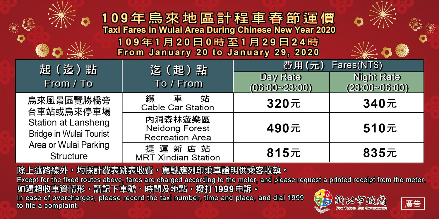 新北市烏來地區計程車運價貼紙 圖:新北市交通局/提供 新北市烏來地區計程車運價貼紙 圖:新北市交通局/提供