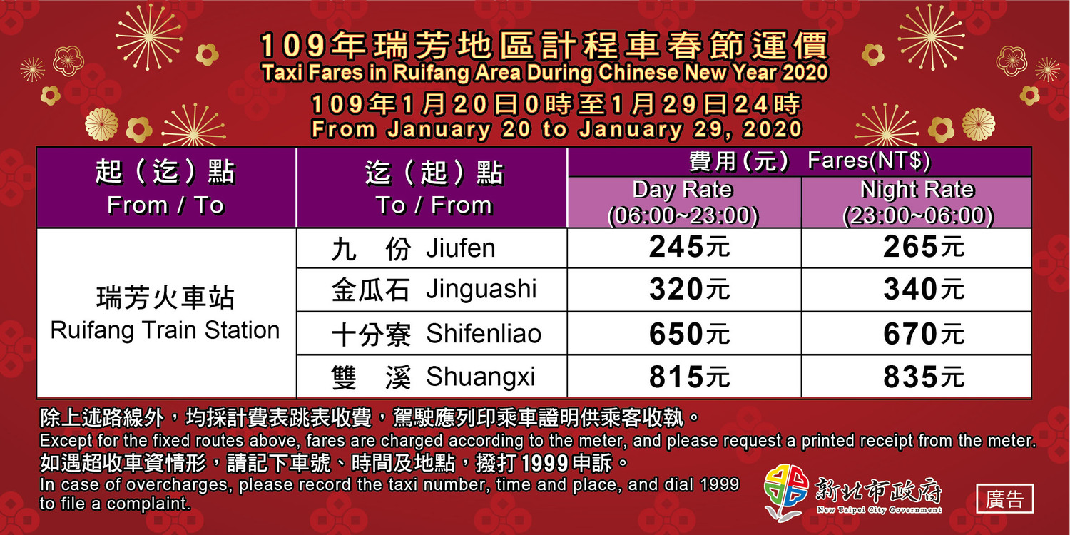 新北市瑞芳地區計程車運價貼紙 圖:新北市交通局/提供 新北市瑞芳地區計程車運價貼紙 圖:新北市交通局/提供