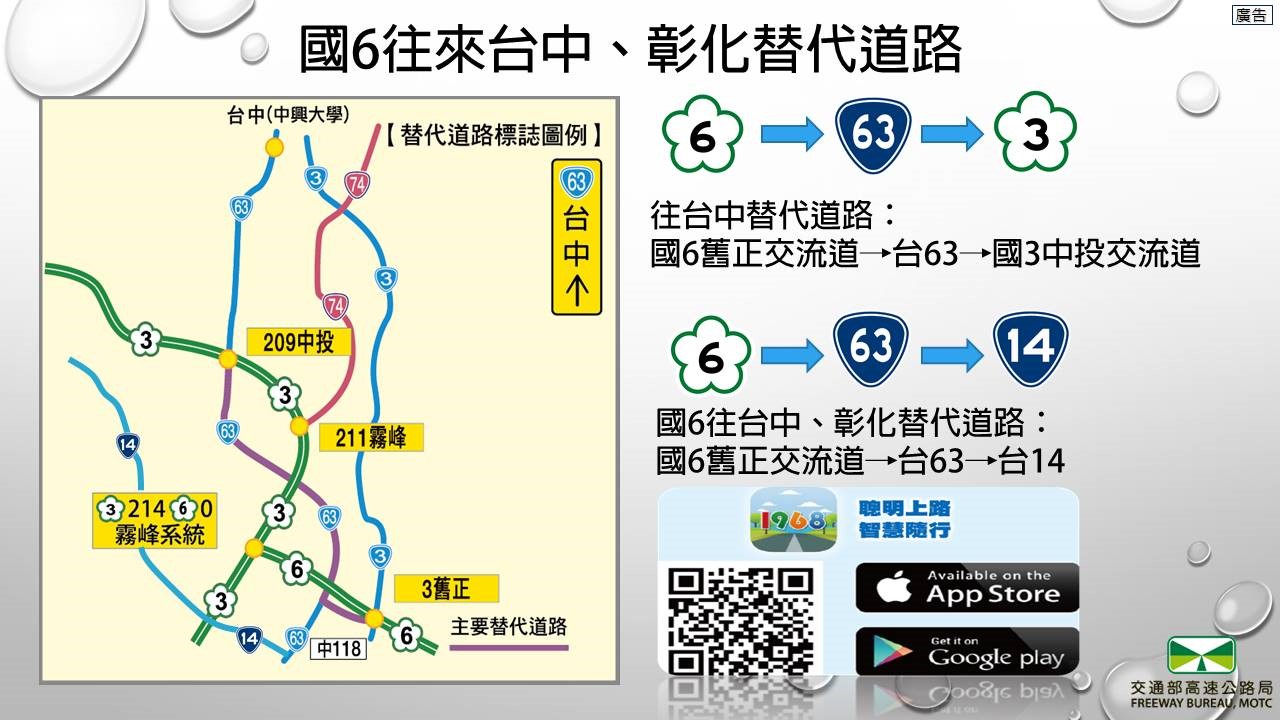 國6往來台中、彰化替代道路圖。圖:高公局/提供 國6往來台中、彰化替代道路圖。圖:高公局/提供
