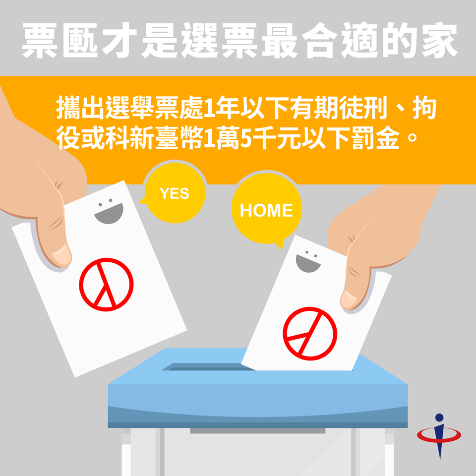 攜出選票可處有期徒刑、拘役或科新台幣15000以下罰金。圖:翻攝自中選會臉書 攜出選票可處有期徒刑、拘役或科新台幣15000以下罰金。圖:翻攝自中選會臉書