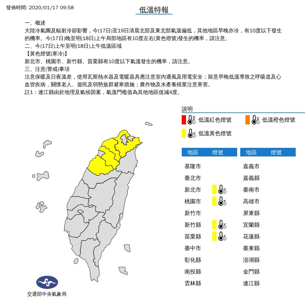 中央氣象局針對新北市、桃園市、苗栗縣、新竹縣發布低溫特報,有10度以下發生的機率,提醒民眾,應適時添加衣物注意保暖以免受涼。 圖:中央氣象局/提供 中央氣象局針對新北市、桃園市、苗栗縣、新竹縣發布低溫特報,有10度以下發生的機率,提醒民眾,應適時添加衣物注意保暖以免受涼。 圖:中央氣象局/提供