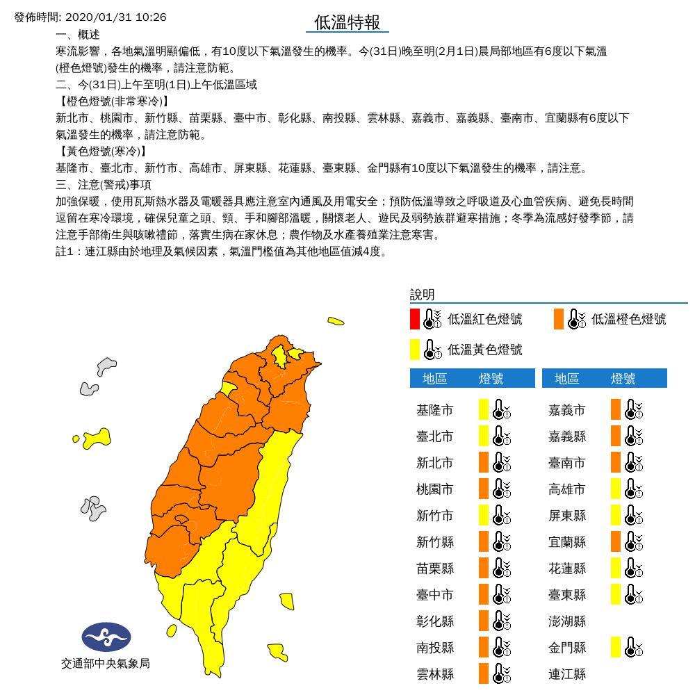 今(31)日至2月1日各地氣溫明顯偏低,雙北等15縣市早上局部地區有6度以下氣溫發生的機率 圖:中央氣象局/提供 今(31)日至2月1日各地氣溫明顯偏低,雙北等15縣市早上局部地區有6度以下氣溫發生的機率 圖:中央氣象局/提供