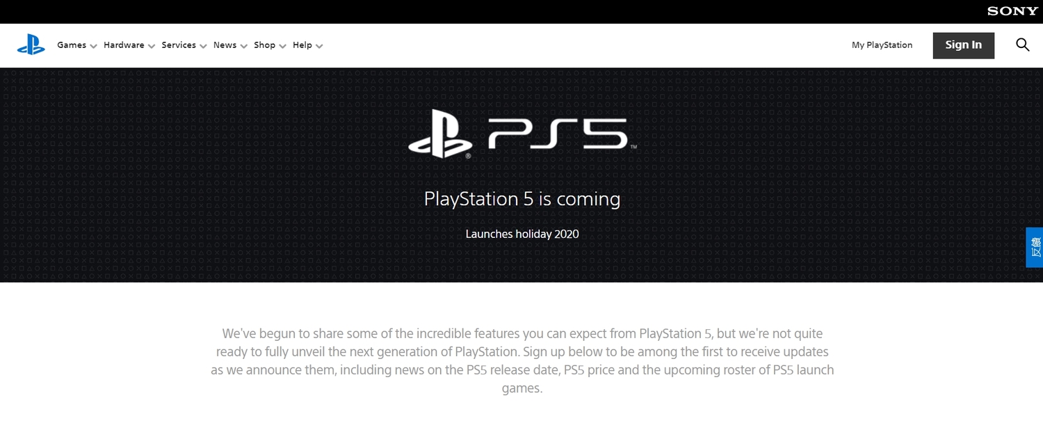 SONY索尼互動娛樂稍早於官方網站放上PS5事前登錄專頁。 SONY索尼互動娛樂稍早於官方網站放上PS5事前登錄專頁。