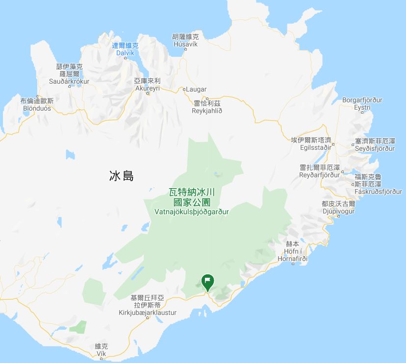 瓦特納冰川國家公園位於冰島東南方。 圖：翻攝自Google map