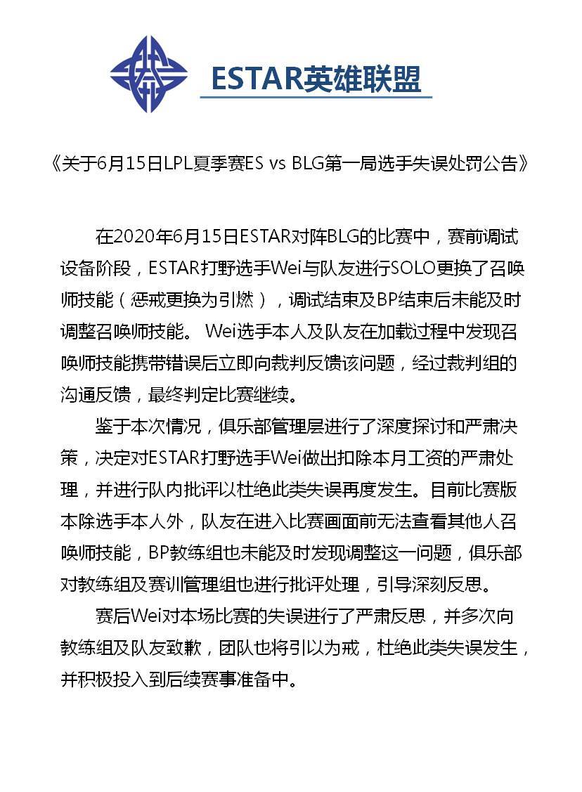 ES戰隊發布公告說明事件始末並宣布扣罰Wei一個月薪資。 圖:翻攝自微博 ES戰隊發布公告說明事件始末並宣布扣罰Wei一個月薪資。 圖:翻攝自微博
