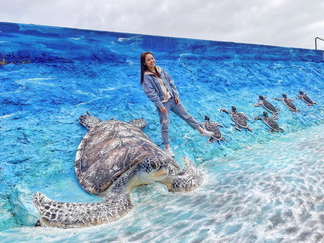 3D海龜造型牆是真的可以靠在海龜背上拍照。 圖:IG@fishsgfish/攝影授權 3D海龜造型牆是真的可以靠在海龜背上拍照。 圖:IG@fishsgfish/攝影授權