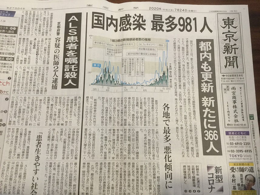 東京及日本全國武肺疫情不斷升高,確診病例各地連日創新高,無法想像明年此時辦東奧。 圖:翻攝自東京新聞 東京及日本全國武肺疫情不斷升高,確診病例各地連日創新高,無法想像明年此時辦東奧。 圖:翻攝自東京新聞