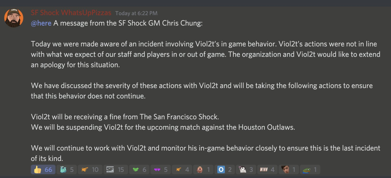 舊金山震動隊經理Chris Chung很快地就在隊伍Discord發布公告並致歉。 圖：翻攝自推特