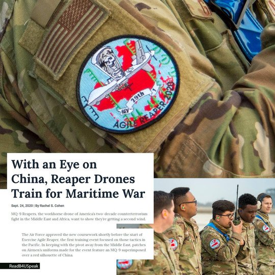 MQ-9「死神」無人機演練攻擊島礁,演習人員臂章上有中國地圖,被認為劍指中國。 圖 : 翻攝自美國空軍雜誌 MQ-9「死神」無人機演練攻擊島礁,演習人員臂章上有中國地圖,被認為劍指中國。 圖 : 翻攝自美國空軍雜誌