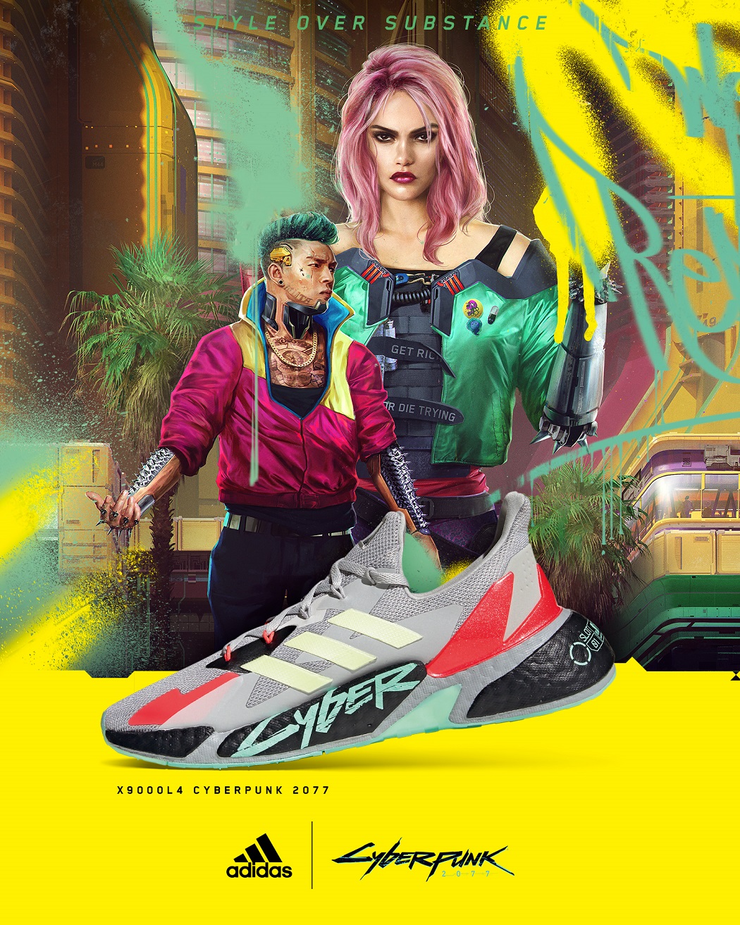 adidas X9000 L4 x Cyberpunk 2077 第二款配色以灰色為主色調,與潮流螢光粉色TPU Mix。 圖:品牌提供 adidas X9000 L4 x Cyberpunk 2077 第二款配色以灰色為主色調,與潮流螢光粉色TPU Mix。 圖:品牌提供