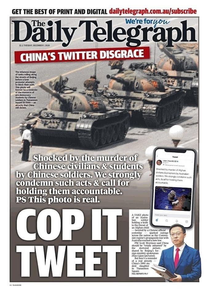 對於趙立堅的舉動，澳洲每日電訊報在頭版上刊登著名的六四天安門廣場「坦克人」的照片做出反擊。 圖：翻攝自推特