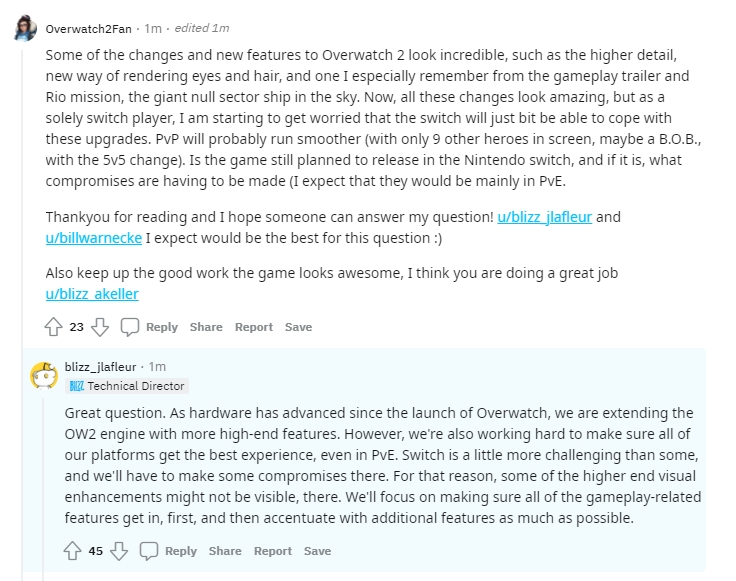 一位Reddit用戶在鬥陣特攻AMA社群活動表達對於續作在Switch機台上運行的擔憂。 圖:翻攝自Reddit 一位Reddit用戶在鬥陣特攻AMA社群活動表達對於續作在Switch機台上運行的擔憂。 圖:翻攝自Reddit