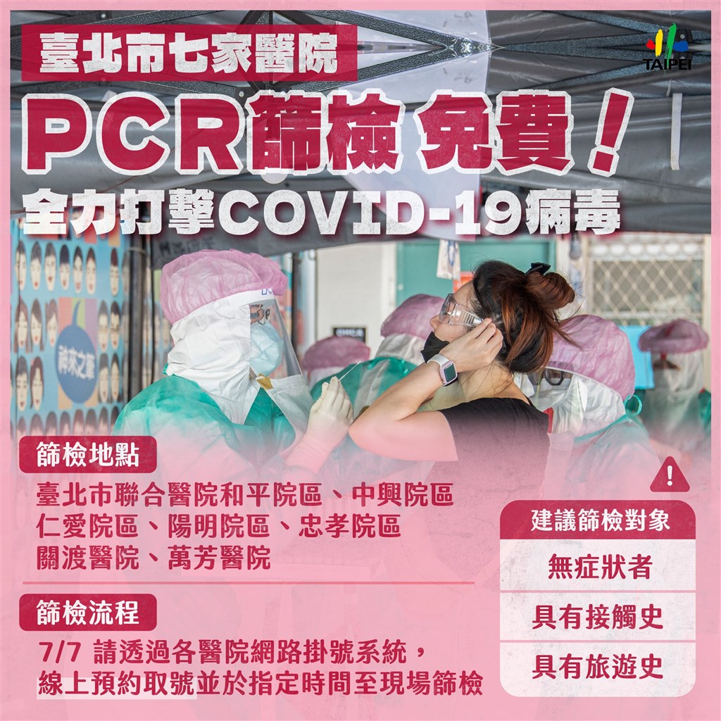 台北市自7日起將有七家醫院提供免費PCR 圖:台北市政府提供 台北市自7日起將有七家醫院提供免費PCR 圖:台北市政府提供
