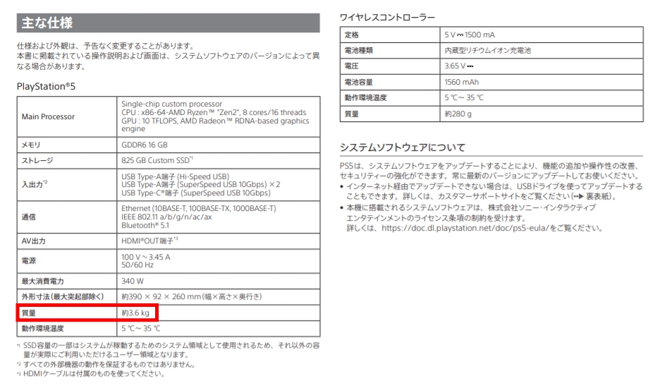 神秘主機的重量為3.6公斤,較原版少了300公克。 圖:翻攝自PS5官方說明書 神秘主機的重量為3.6公斤,較原版少了300公克。 圖:翻攝自PS5官方說明書