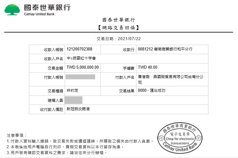 張亞中孫文學校臉書附捐款證明。 圖:翻攝自張亞中孫文學校臉書 張亞中孫文學校臉書附捐款證明。 圖:翻攝自張亞中孫文學校臉書
