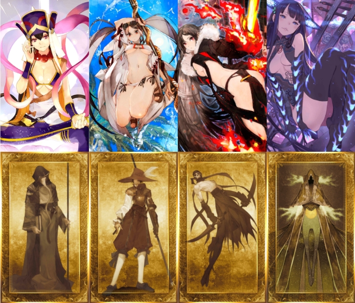 左起:玄奘三藏、虞美人(Lancer)、虞美人(Assassin)、楊貴妃。 圖:翻攝自《Fate/Grand Order》 左起:玄奘三藏、虞美人(Lancer)、虞美人(Assassin)、楊貴妃。 圖:翻攝自《Fate/Grand Order》