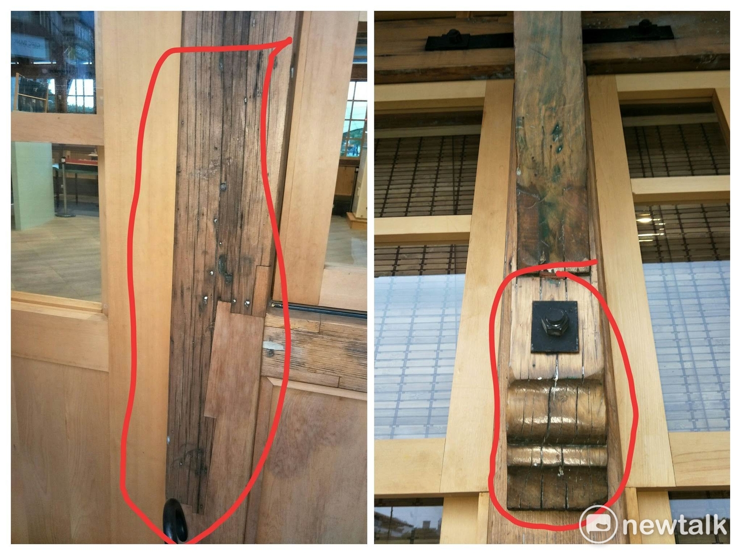 新北投車站重組後,新舊料均有裂痕,台北市文化局請教專家評估,並不礙事。 圖:台北市文化局/提供 新北投車站重組後,新舊料均有裂痕,台北市文化局請教專家評估,並不礙事。 圖:台北市文化局/提供