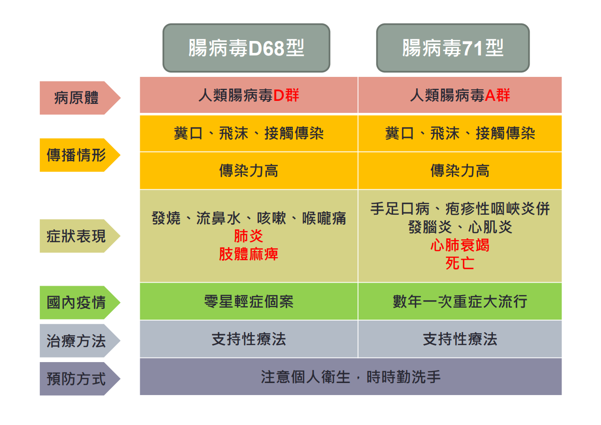 圖為腸病毒D68型與71型比較表。 圖:衛福部提供 圖為腸病毒D68型與71型比較表。 圖:衛福部提供