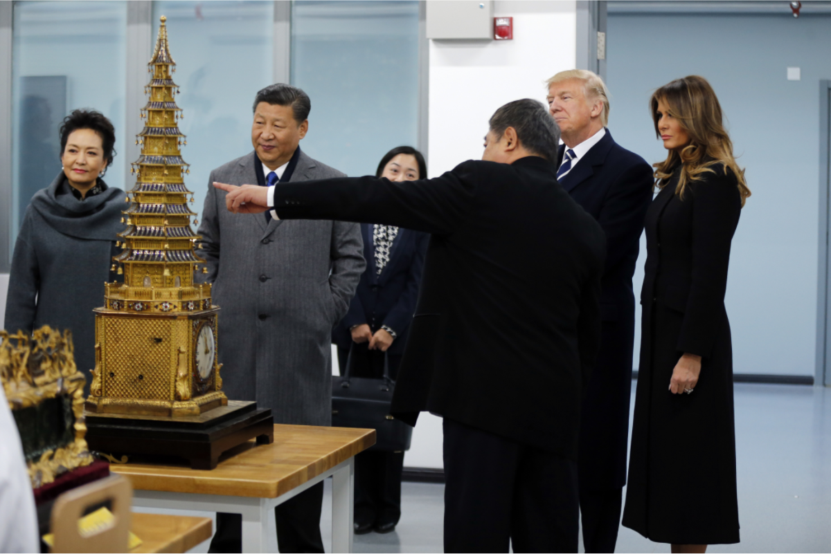 習近平夫婦(右1、2)在紫禁城歡來訪的川普夫婦(左1、2)。 習近平夫婦(右1、2)在紫禁城歡來訪的川普夫婦(左1、2)。