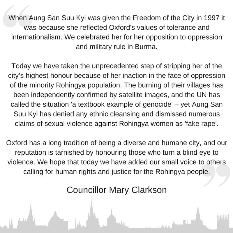 英國牛津市議會做出決議,褫奪在1997年授予人翁山蘇姬的「牛津市榮譽市民」頭銜。 圖:翻攝牛津市議會推特 英國牛津市議會做出決議,褫奪在1997年授予人翁山蘇姬的「牛津市榮譽市民」頭銜。 圖:翻攝牛津市議會推特