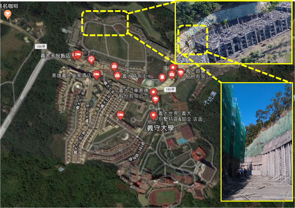 高雄市政府表示,院已判決義聯集團確實有大量違章建築情事,未來仍將堅持捍衛公安之立場,不容義聯集團違法開發。紅圈處為認定違法開發部分。 高雄市政府表示,院已判決義聯集團確實有大量違章建築情事,未來仍將堅持捍衛公安之立場,不容義聯集團違法開發。紅圈處為認定違法開發部分。