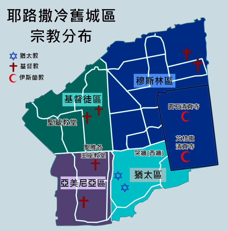 耶路撒冷對基督教、伊斯蘭教和猶太教極重要。以舊城區為中心,由窄巷和建築分出4大區塊:基督徒區、穆斯林區、猶太區和亞美尼亞區。 耶路撒冷對基督教、伊斯蘭教和猶太教極重要。以舊城區為中心,由窄巷和建築分出4大區塊:基督徒區、穆斯林區、猶太區和亞美尼亞區。