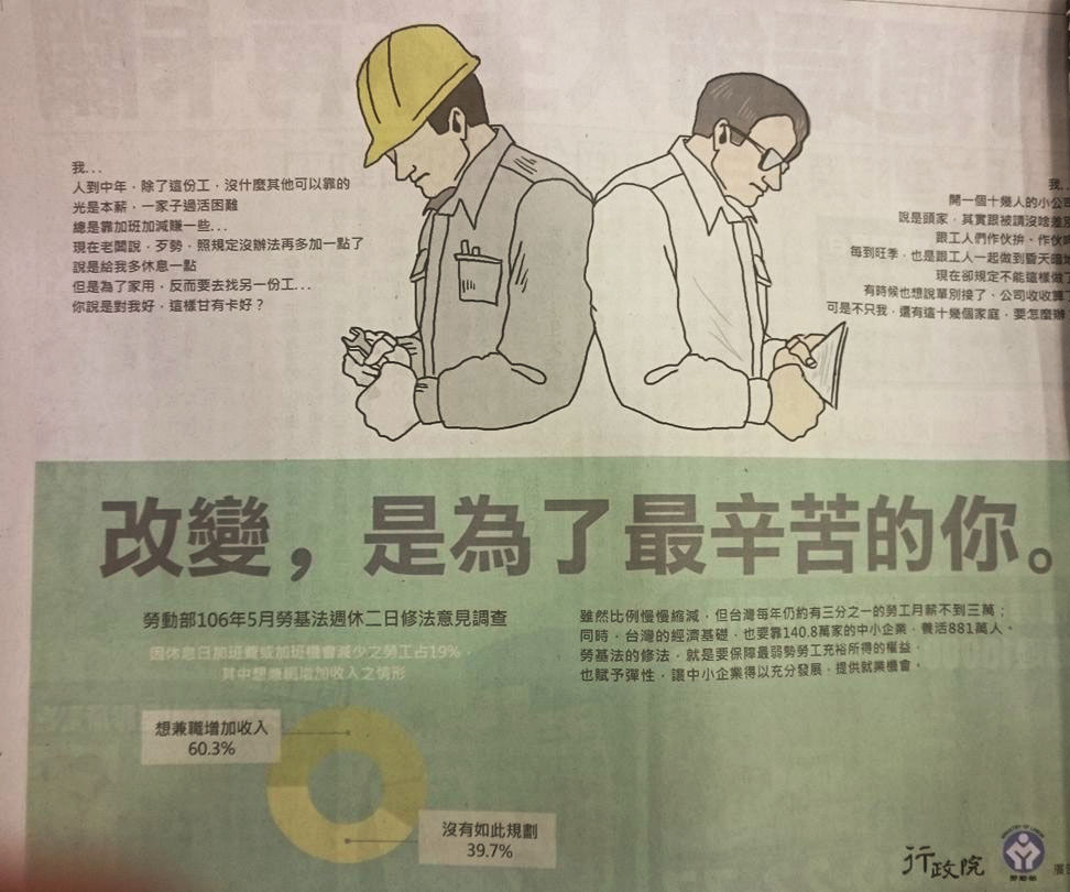 行政院大手筆購買各大報半版廣告,以兩位男性勞工為主角行銷勞基法修改。 圖:翻拍平面媒體 行政院大手筆購買各大報半版廣告,以兩位男性勞工為主角行銷勞基法修改。 圖:翻拍平面媒體