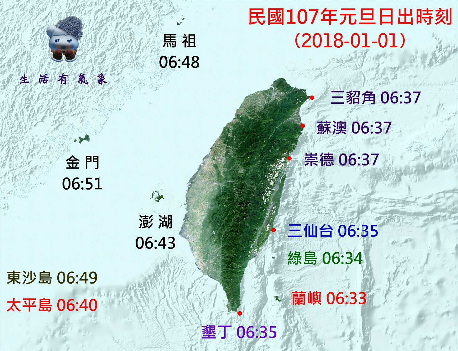 中央氣象局整理出2018年日出時間,其中包括了台北天文館未公布的三貂角、崇德、金門、馬祖、東沙島及太平島。 圖:中央氣象局/提供 中央氣象局整理出2018年日出時間,其中包括了台北天文館未公布的三貂角、崇德、金門、馬祖、東沙島及太平島。 圖:中央氣象局/提供