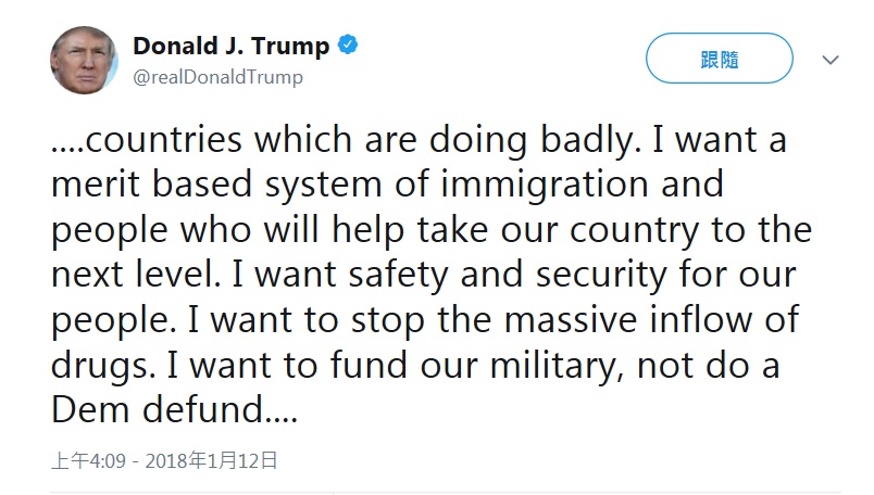川普今天透過推特澄清移民言論。 圖:翻攝川普推特 川普今天透過推特澄清移民言論。 圖:翻攝川普推特
