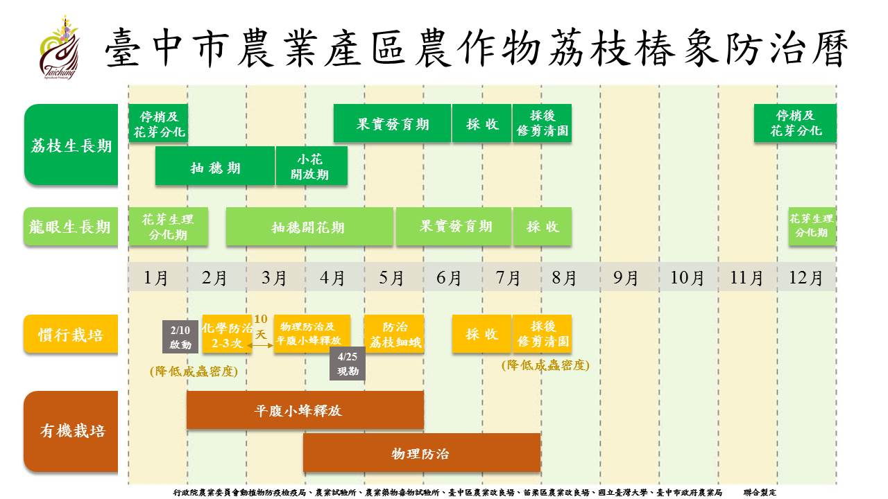 台中市農業局製作「107年度台中市農業產區農作物荔枝椿象防治曆」要全面防蟲! 圖:台中市農業局提供 台中市農業局製作「107年度台中市農業產區農作物荔枝椿象防治曆」要全面防蟲! 圖:台中市農業局提供