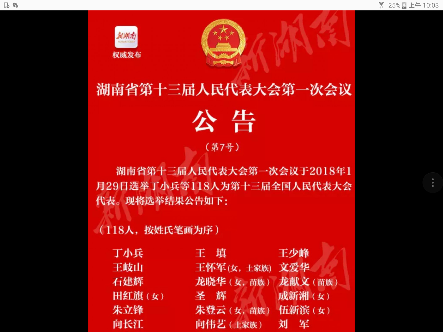 湖南省第13屆人民代表大會第一次會議於2018年1月29日召開,選出118名第13屆全國人大代表,名單中包括中共中央政治局前常委、中紀委前書記王岐山。 圖:翻攝自新湖南網 湖南省第13屆人民代表大會第一次會議於2018年1月29日召開,選出118名第13屆全國人大代表,名單中包括中共中央政治局前常委、中紀委前書記王岐山。 圖:翻攝自新湖南網