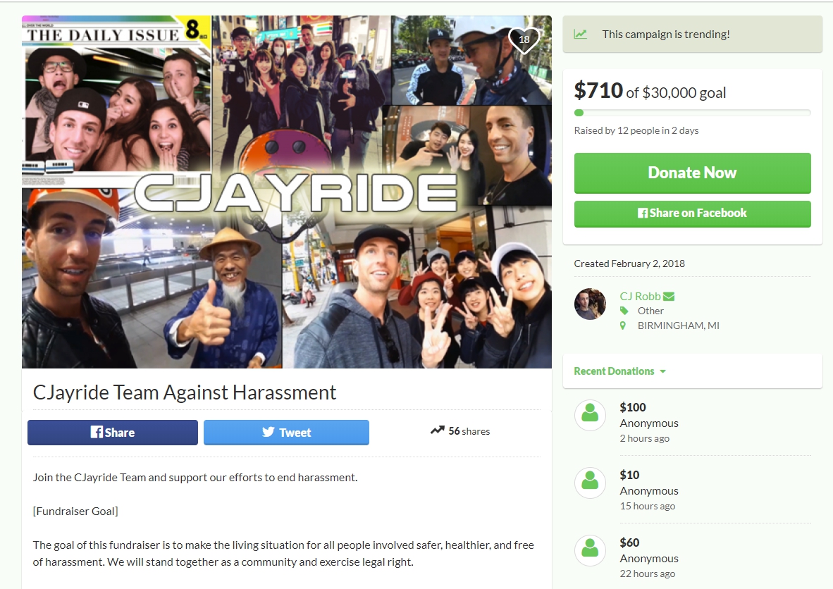 Cjayride於募資平台上的募款頁面。 圖:翻攝自GoFundMe Cjayride於募資平台上的募款頁面。 圖:翻攝自GoFundMe