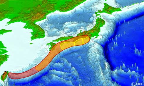 超巨大東海地震、東南海地震、東海地震預測惡震源域地圖。 超巨大東海地震、東南海地震、東海地震預測惡震源域地圖。
