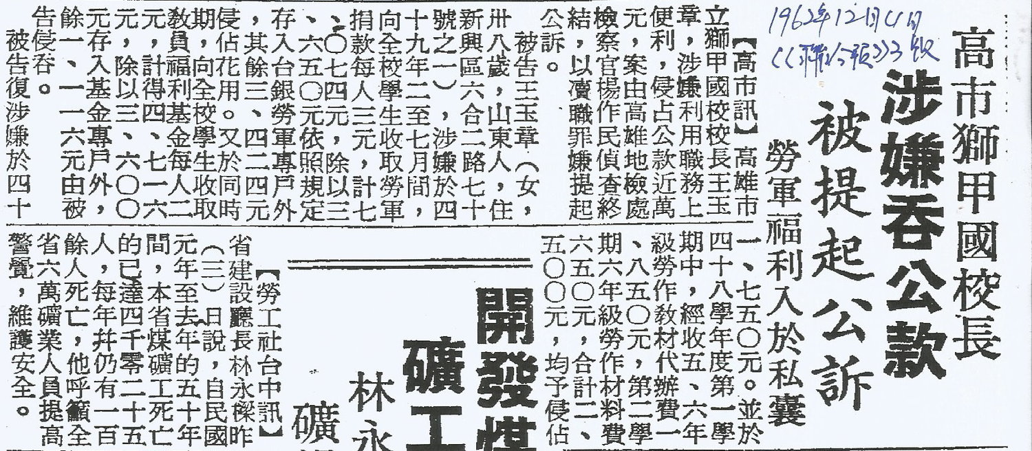 《剪報4》1962年12月4日《聯合報》3版報導,高市獅甲國校長王玉章,將小學生的被迫樂捐納入私囊,直接用搶的更快。 《剪報4》1962年12月4日《聯合報》3版報導,高市獅甲國校長王玉章,將小學生的被迫樂捐納入私囊,直接用搶的更快。
