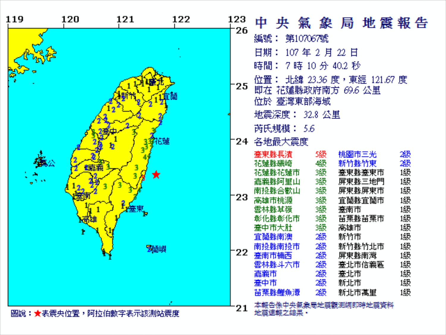 最大震度台東縣長濱5級、花蓮縣磯崎4級、花蓮市3級、台北和新北市都是1級,並無災情傳出。
圖:翻攝自中央氣象局網站 最大震度台東縣長濱5級、花蓮縣磯崎4級、花蓮市3級、台北和新北市都是1級,並無災情傳出。
圖:翻攝自中央氣象局網站