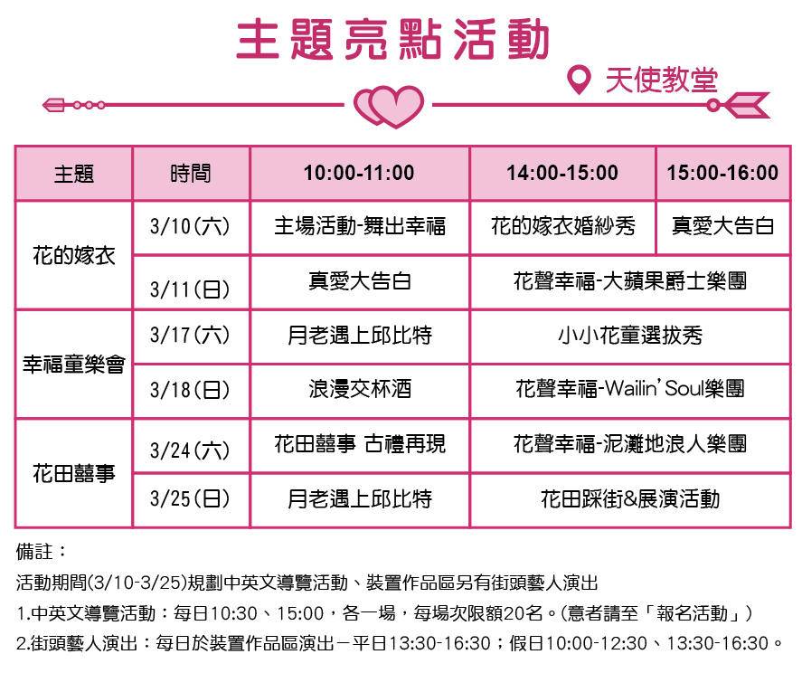 活動期間自今(10)日至25日共16天,以幸福戀人、花田喜事為主題,每週更有不同主題活動,第一週主題為「花的嫁衣」,第二週為「幸福童樂會」,第三週為「花田囍事」,活動非常豐富精彩。 活動期間自今(10)日至25日共16天,以幸福戀人、花田喜事為主題,每週更有不同主題活動,第一週主題為「花的嫁衣」,第二週為「幸福童樂會」,第三週為「花田囍事」,活動非常豐富精彩。