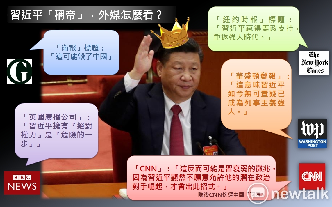 國際主要媒體對習近平「稱帝」看法。 圖:新頭殼製圖 國際主要媒體對習近平「稱帝」看法。 圖:新頭殼製圖