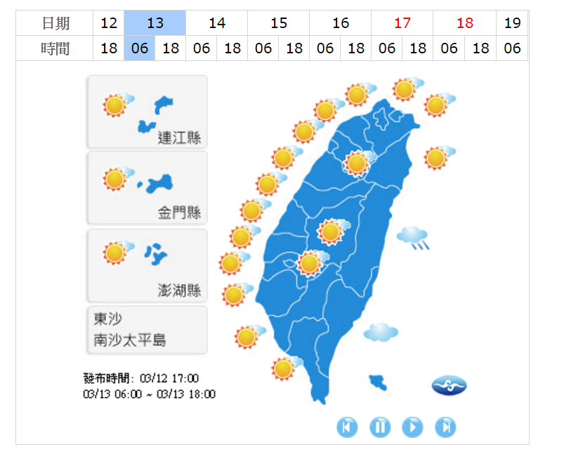 今天各地是晴到多雲的好天氣!大台北及南部甚至可以來到28、29度,中部以北早晚仍溫差大,西半部留意局部霧。 今天各地是晴到多雲的好天氣!大台北及南部甚至可以來到28、29度,中部以北早晚仍溫差大,西半部留意局部霧。