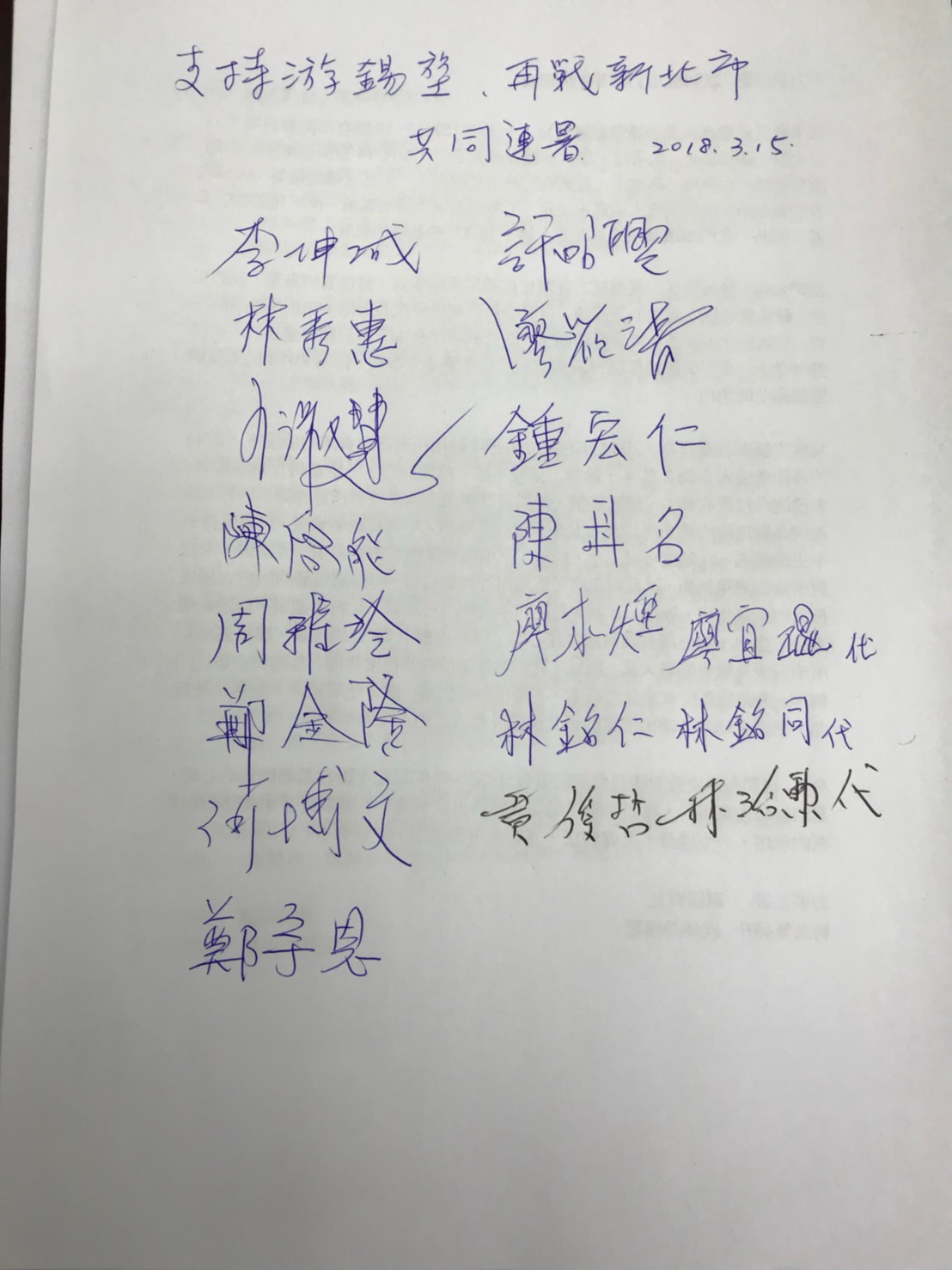 綠營新北市議員過半數簽名聯署,籲請中央徵召游錫堃參選新北市長。(高敏慧議員因感冒未出席,現28席議員共16位議員支持。 綠營新北市議員過半數簽名聯署,籲請中央徵召游錫堃參選新北市長。(高敏慧議員因感冒未出席,現28席議員共16位議員支持。